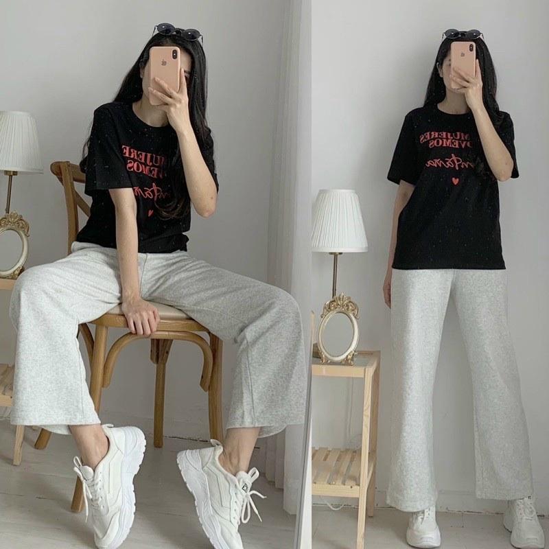 Quần Ống Suông Lưng Cao Unisex Chất Vải Thun Da Cá - Quần Ống Rộng Nỉ 2 Màu Đen Xám