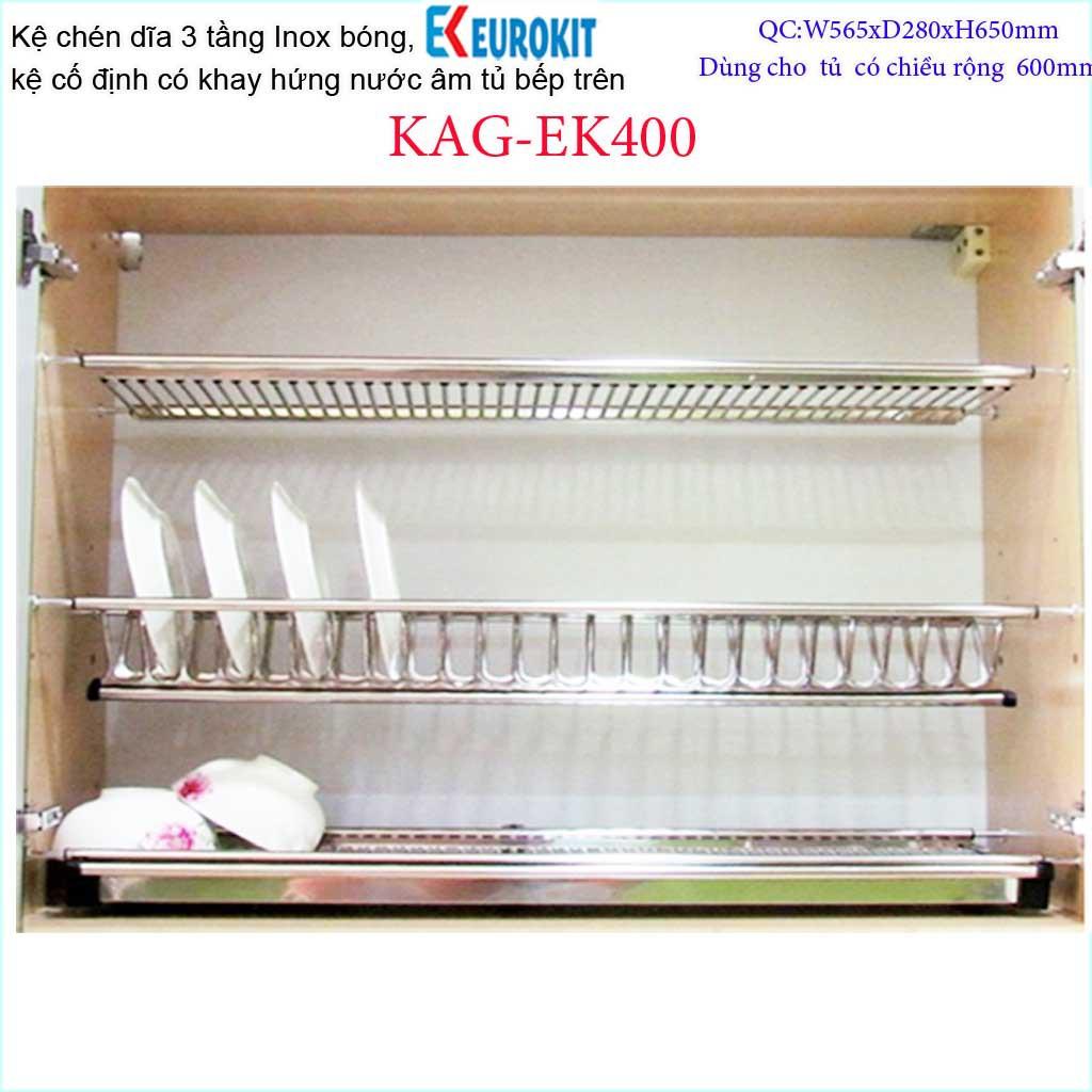 Kệ chén dĩa 3 tầng âm tủ chữ V KAG-EK400-60cm, kệ chén âm tủ Eurokit 60cm Inox bóng cao cấp