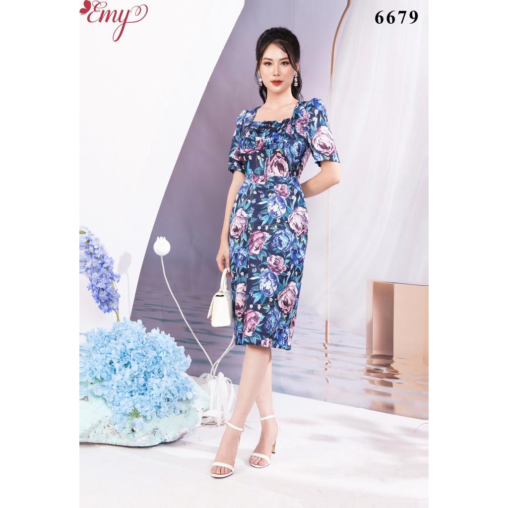 Đầm EMY EM6679 Body Cổ Vuông Lụa Vân Hàn