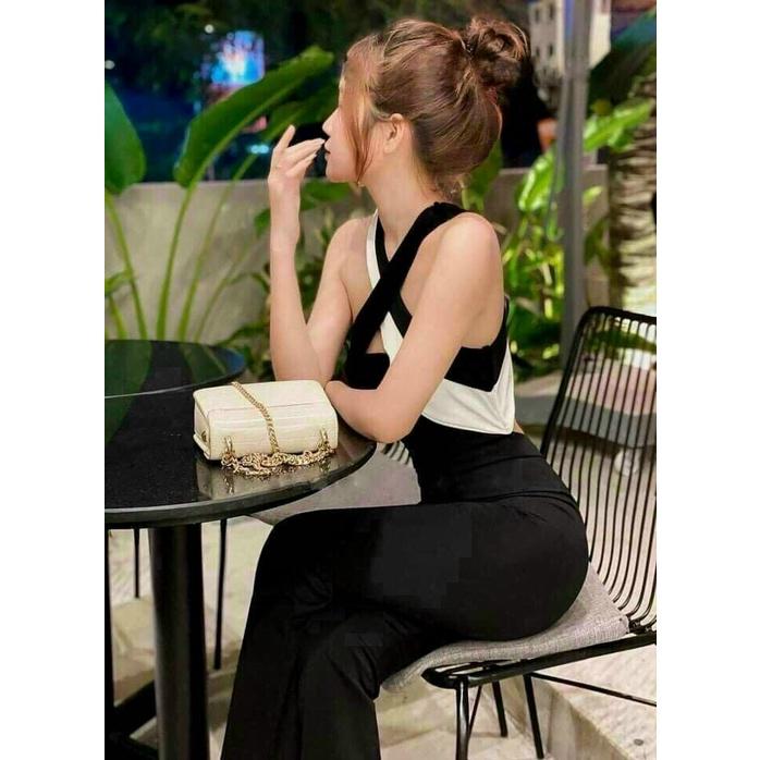 Jumpsuit dài cổ yếm dây chéo phối màu sang chảnh