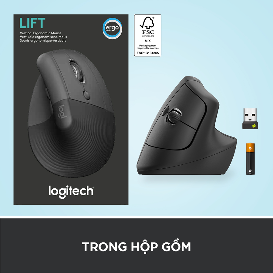 Chuột công thái học không dây Logitech Lift Vertical - Bluetooth|USB Logi Bolt, Silent giảm ồn, 4 nút tùy chỉnh, tương thích với Windows/macOS/iPad/PC - Hàng chính hãng