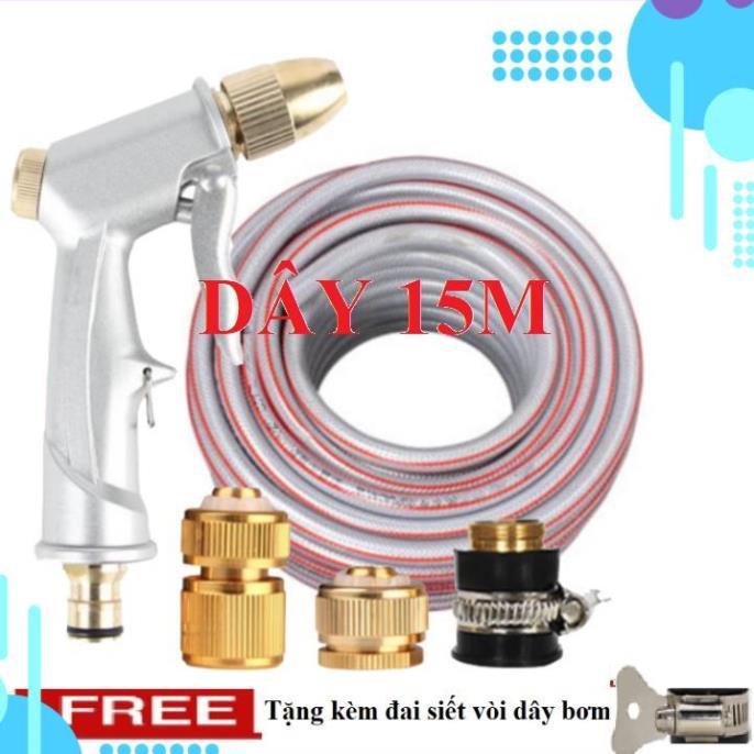 Bộ dây vòi xịt nước rửa xe, tưới cây . tăng áp 3 lần, loại 15m 206701 đầu đồng,cút đồng+ tặng đai