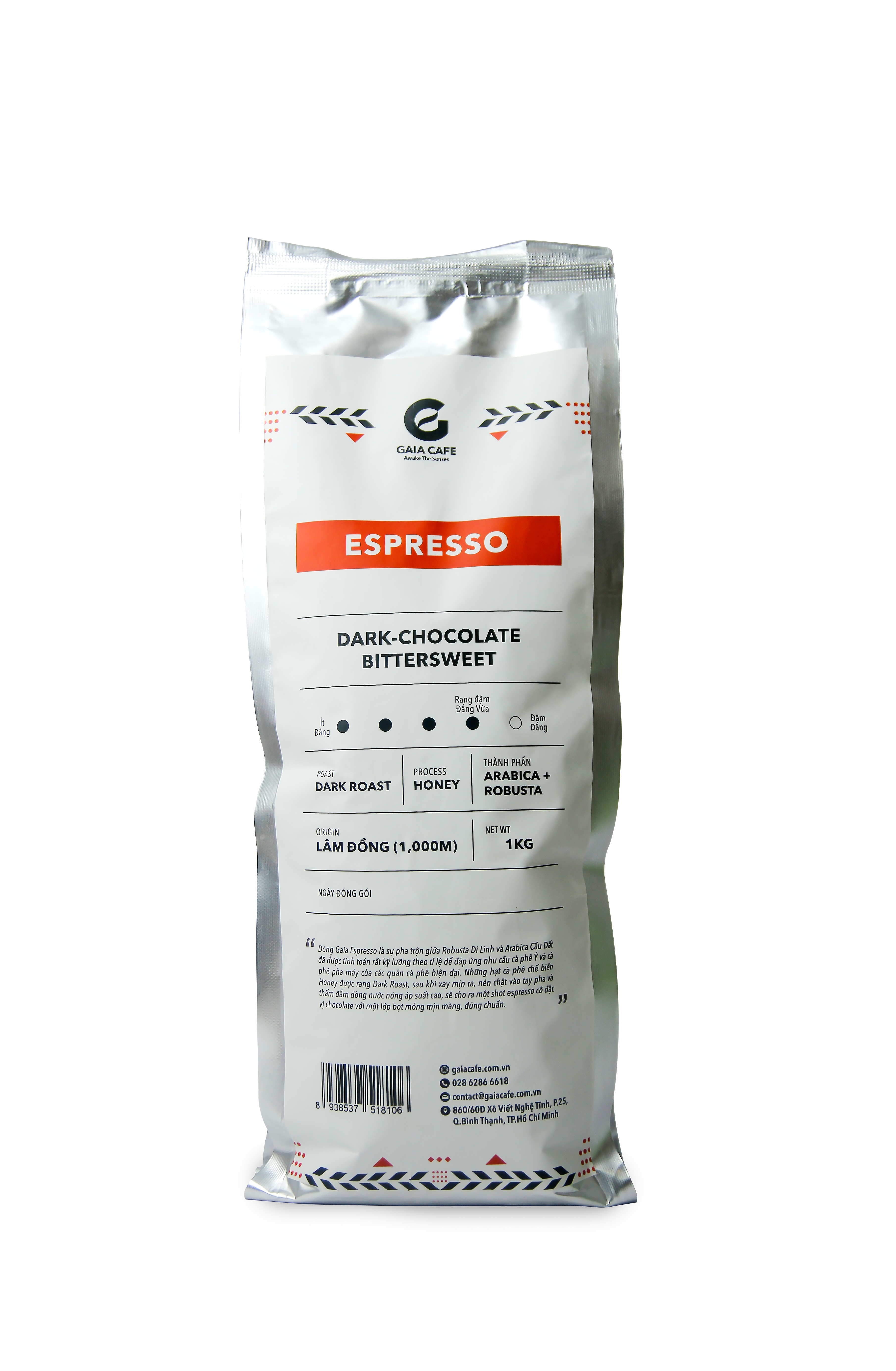 Cà phê nguyên hạt rang mộc pha máy Espresso - Gaia Café - túi 1kg
