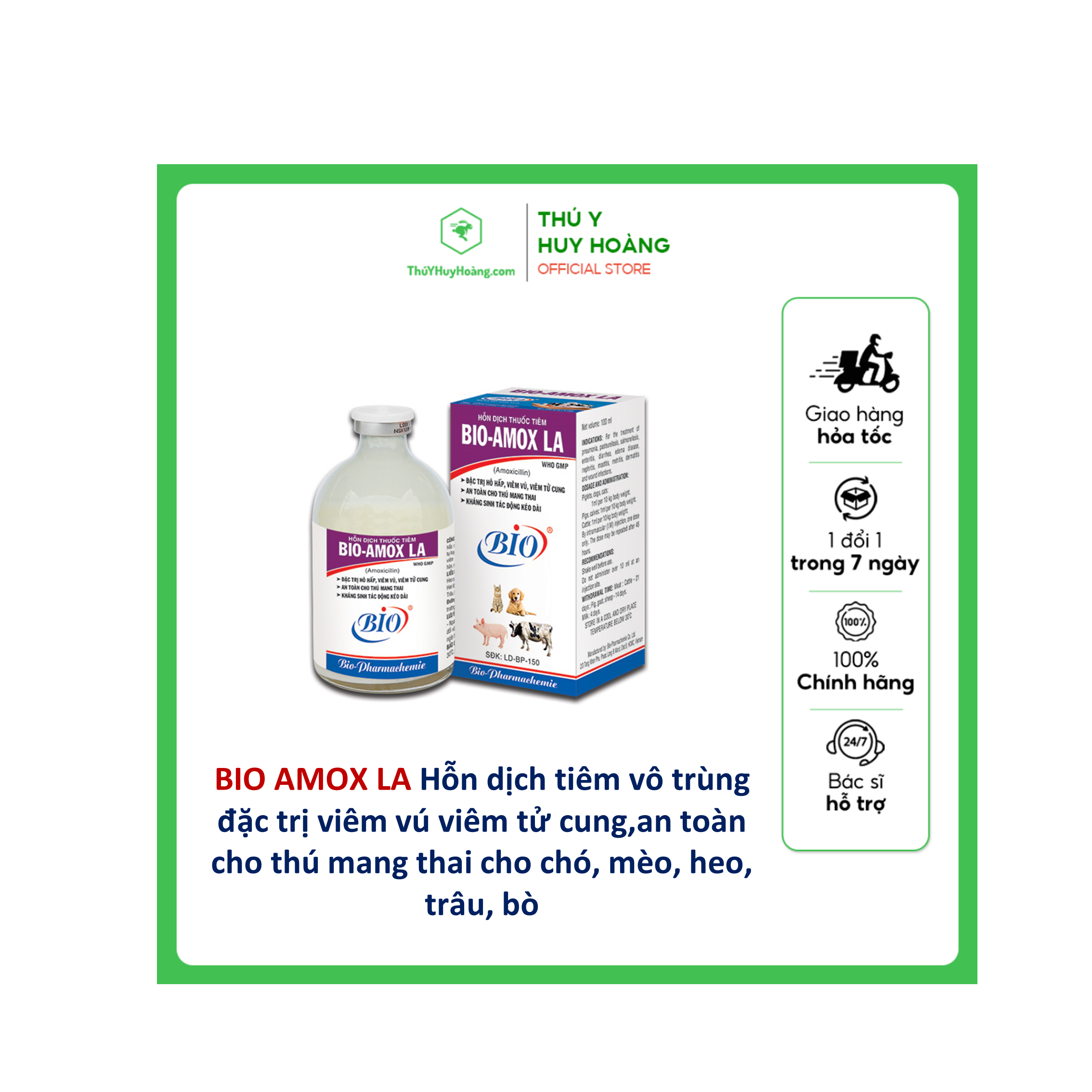 Hỗn dịch tiêm vô trùng BIO-AMOX LA chuyên bệnh hô hấp viêm vú, viêm tử cung, an toàn cho thú mang thai