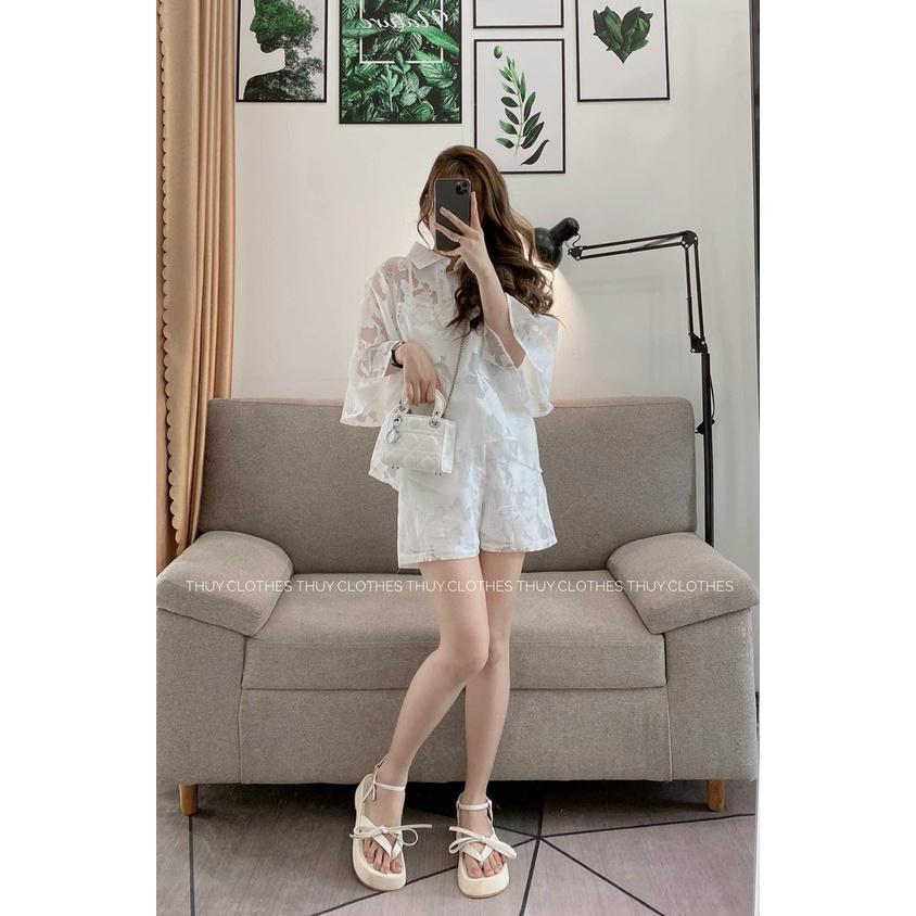 Set 3 món trắng hoa nổi áo sơ mi ren hoa nổi kèm crop 2 dây trong phối quần đùi short cá tính dịu dàng