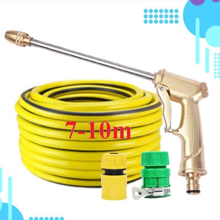 Bộ dây vòi xịt nước rửa xe, tưới cây . tăng áp 3 lần, loại 7m, 10m 206701-3 đầu đồng, cút,nối nhựa vàng