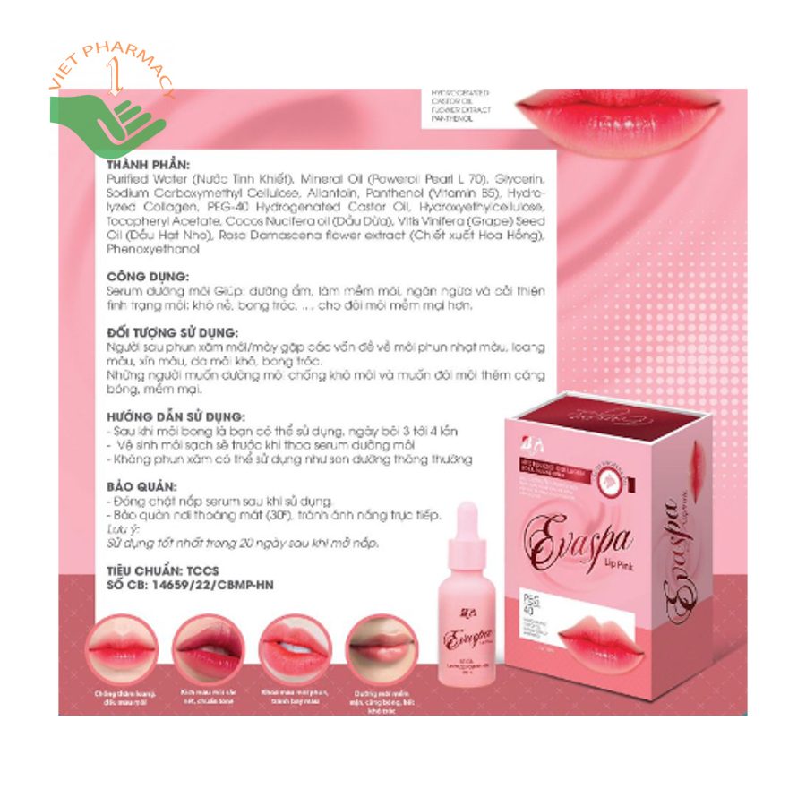 SERUM DƯỠNG MÔI EVASPA LIP PINK GIÚP DƯỠNG ẨM, LÀM MỀM MÔI, NGĂN NGỪA VÀ CẢI THIỆN TÌNH TRẠNG MÔI KHÔ NẺ, BONG TRÓC LỌ 10ML