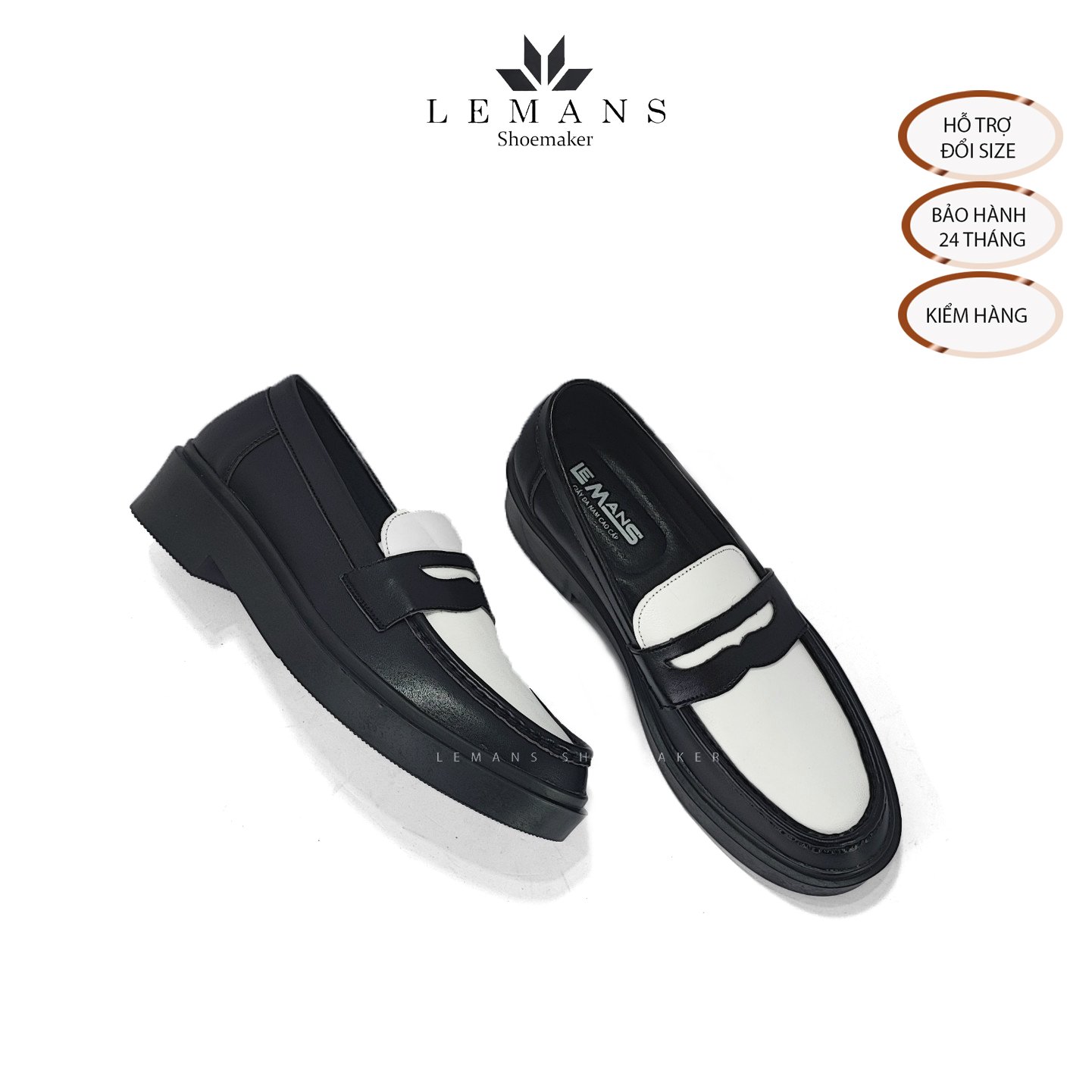 Giày da bò Penny Loafer Black White LEMANS, da bò thuộc nguyên tấm, tăng chiều cao 4cm, bảo hành 24 tháng