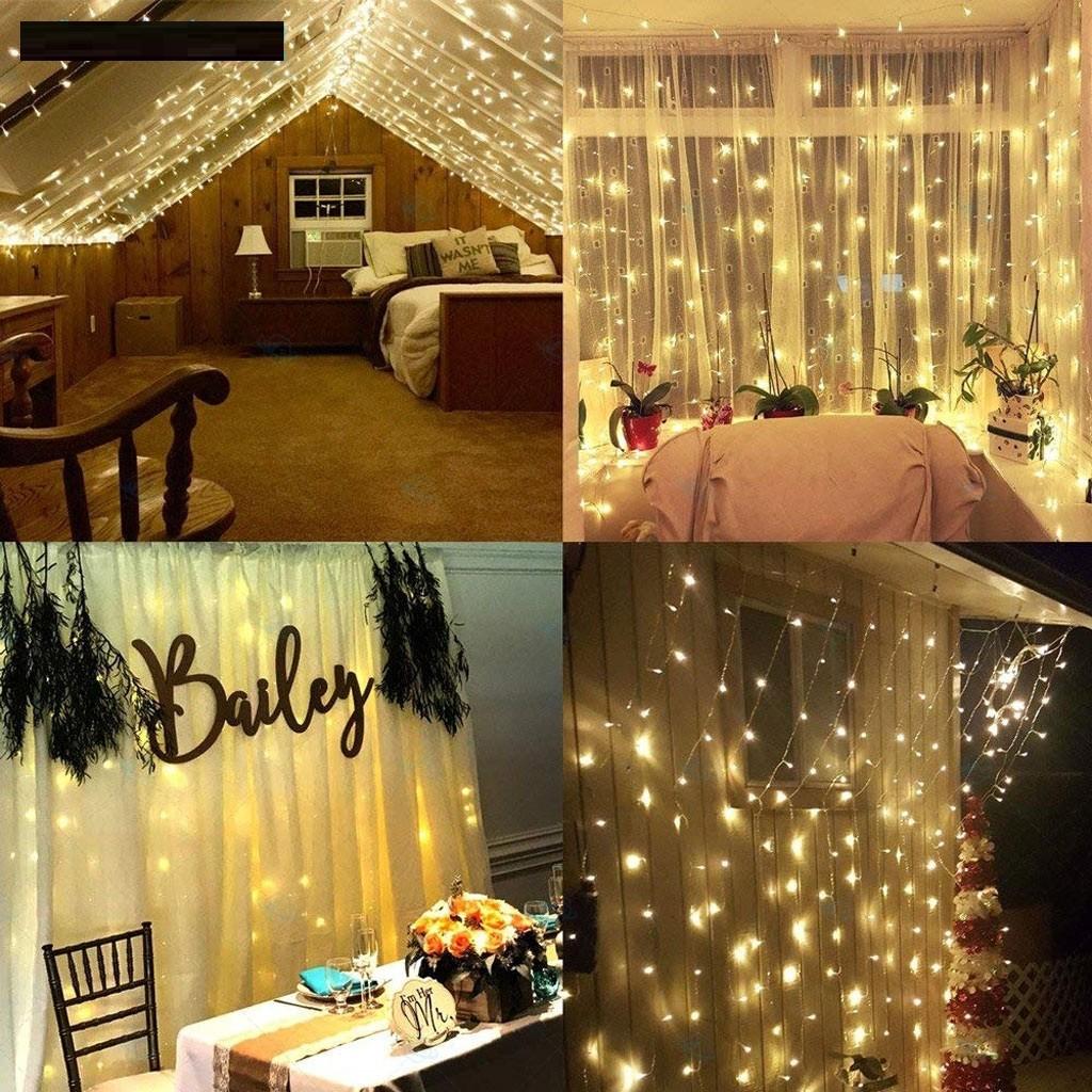 Đèn Rèm mành 3x3m 10 Dây Thả, Đèn Led Rèm Mưa Màu Vàng Ấm Trang Trí Background