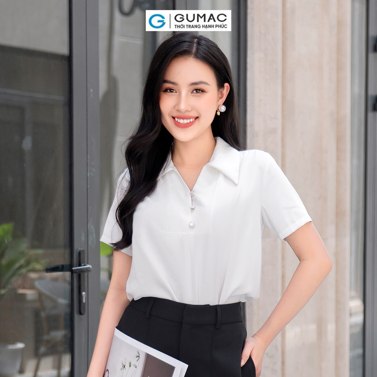Áo kiểu bâu nẹp V vải lụa mềm mát công sở đi tiệc sang trọng thời trang GUMAC AD09054