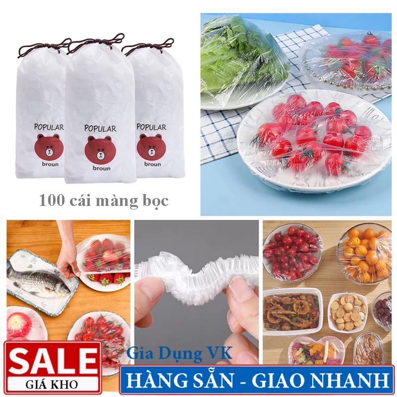 Set 100 Màng Bọc Thực Phẩm Túi Gấu, Màng Bọc PE Có Chun Co Giãn Tái Sử Dụng Nhiều Lần - Loại Đủ