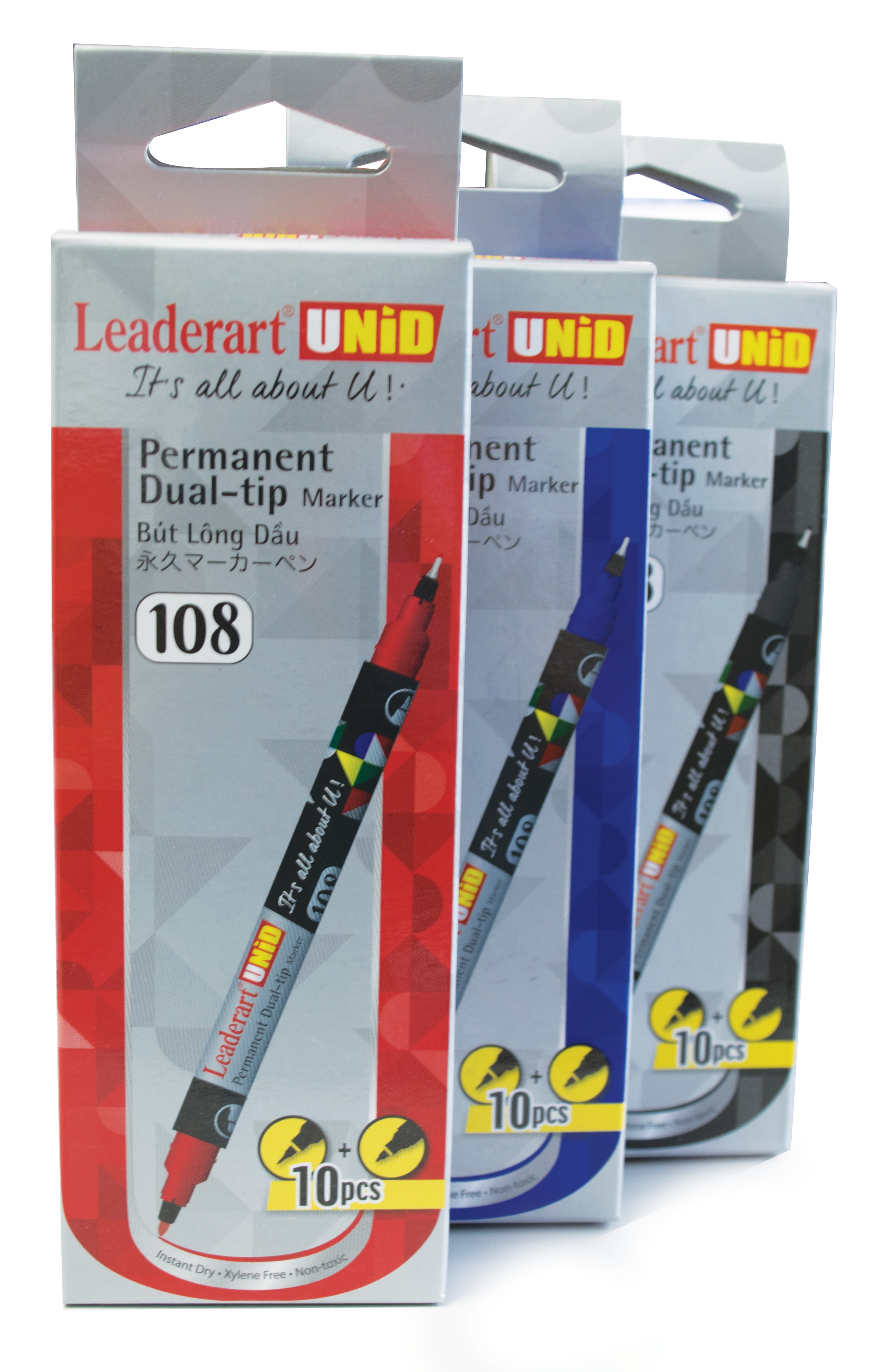 Bút dạ kính Leaderart hai đầu cỡ nhỏ LA108 - Hộp 10 chiếc - Ngòi kim loại 0.4mm, ngòi dạ 1mm, viết trơn mượt, trên nhiều chất liệu như kính, bảng, sắt