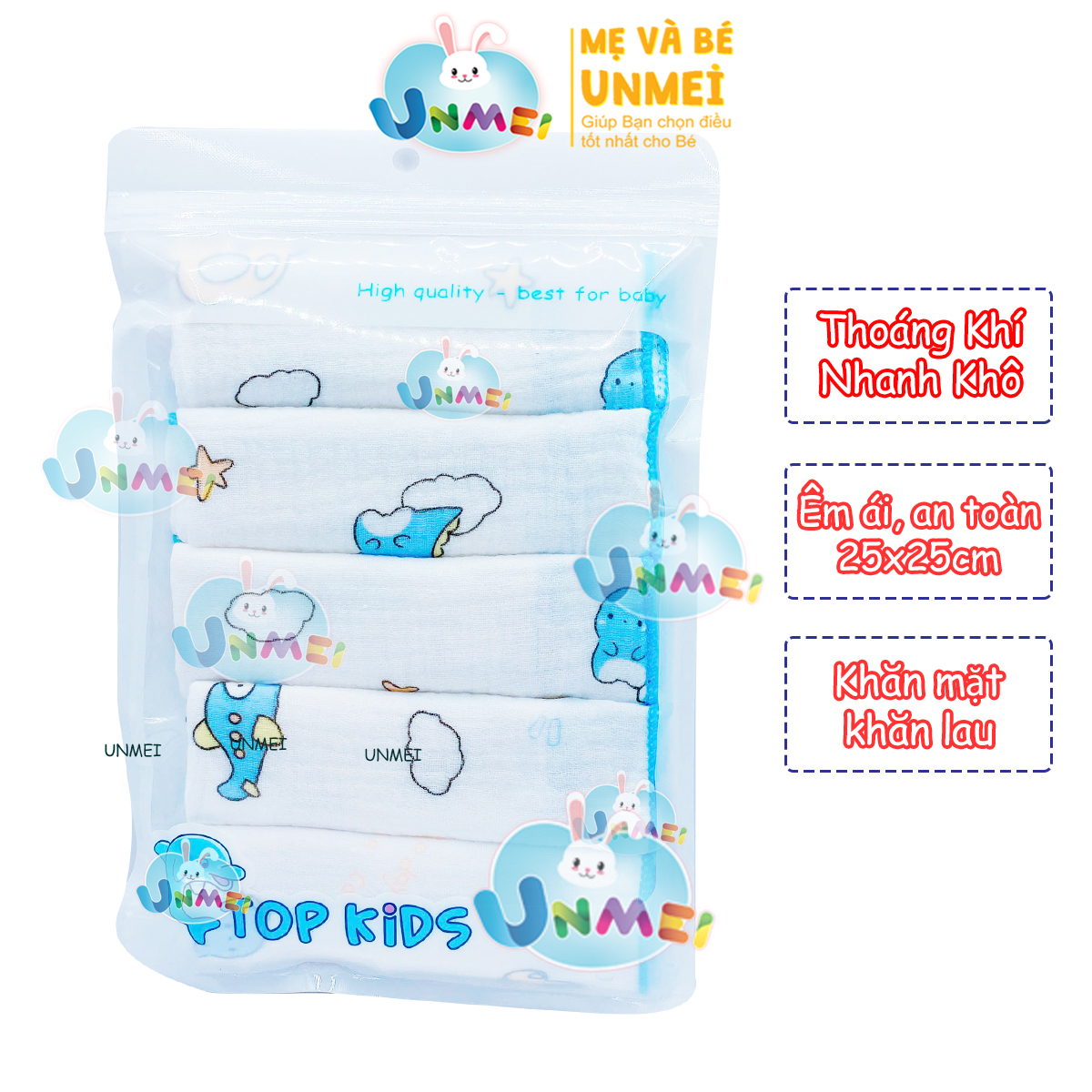 Set 5 Khăn Sữa, Khăn Xô Sữa Muslin TOP KIDS 4 lớp thấm hút,mềm mại dành cho sơ sinh (size 25x25cm)- tại UNMEI