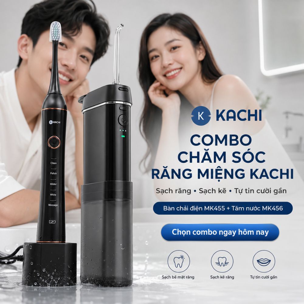 COMBO chăm sóc răng miệng toàn diện Kachi bàn chải điện làm sạch bề mặt răng + tăm nước làm sạch kẽ răng - hàng chính hãng