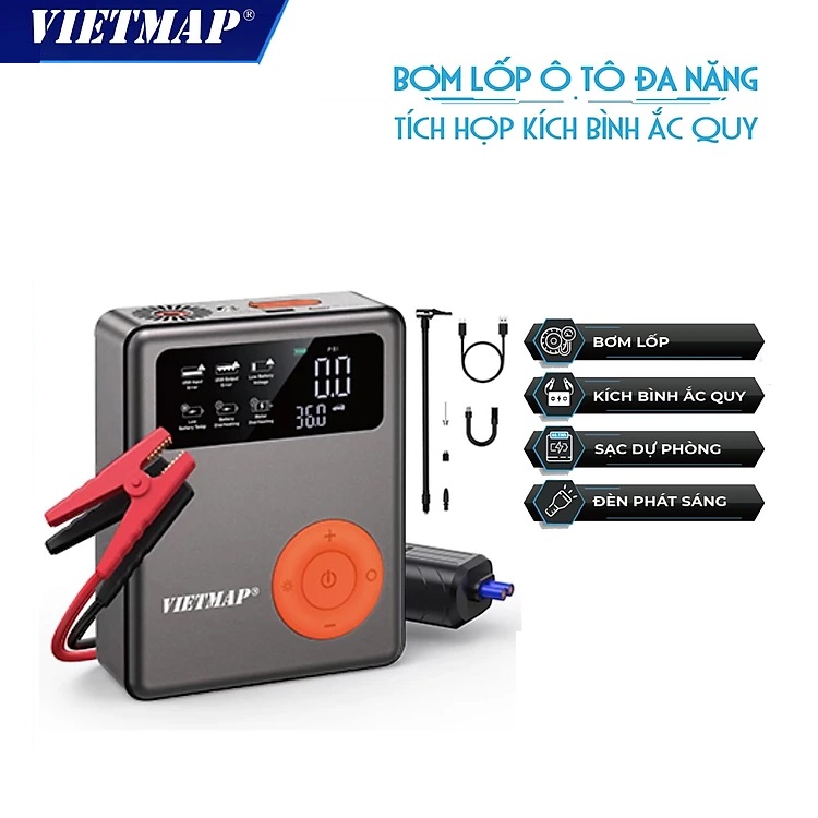 Bơm lốp đa năng kết hợp kích bình ắc quy VIETMAP 4 trong 1 - Hàng chính hãng