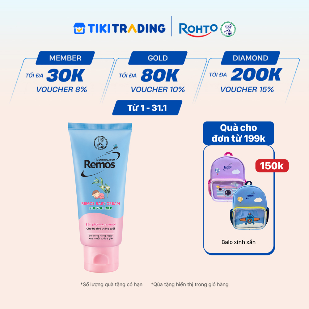 Kem chống muỗi đốt cho bé từ 6 tháng tuổi hương khuynh diệp Rohto Mentholatum Remos Baby Cream 70g