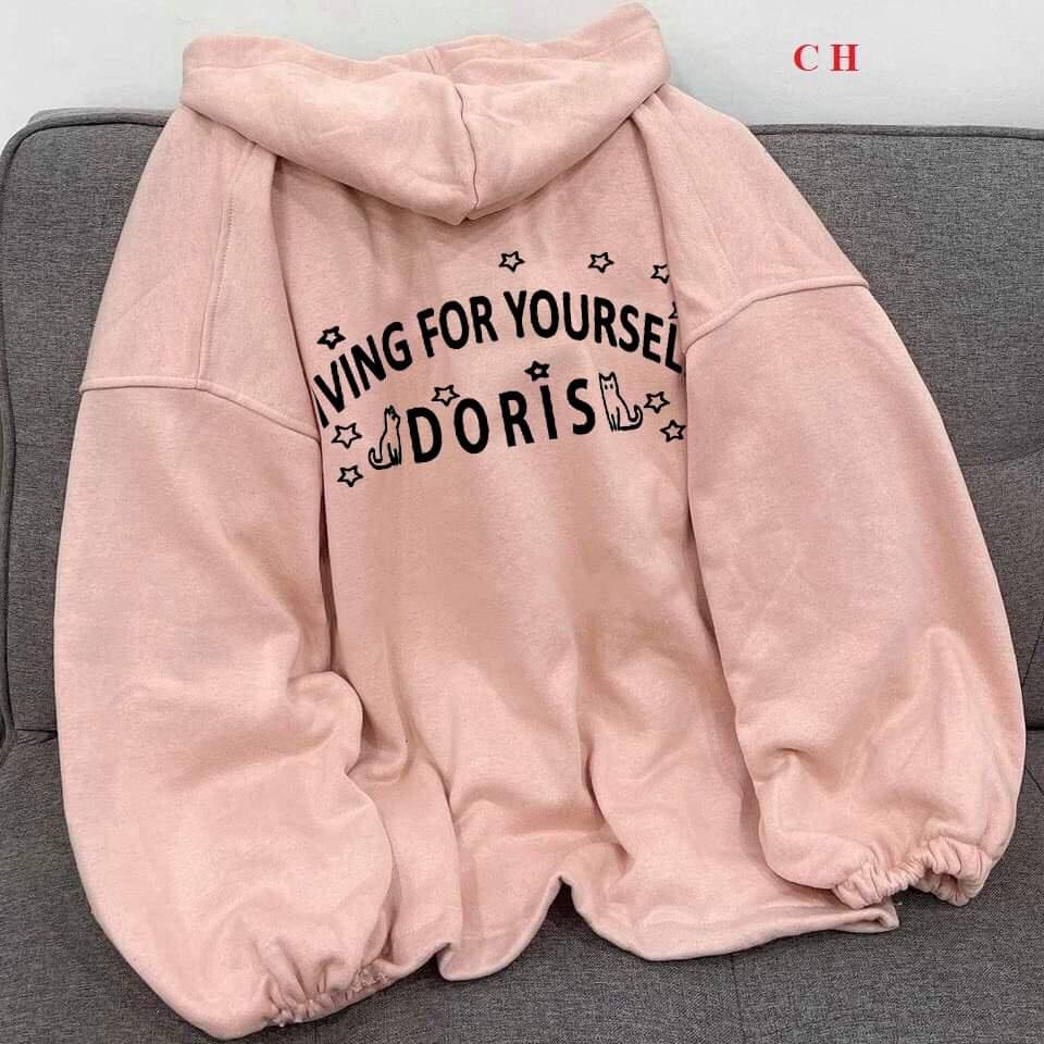 ÁO KHOÁC NỮ IN MÈO DORI TAY CHUN CHẤT NỈ NGOẠI DÀY MŨ CÓ DÂY RÚT MỚI LẠ CỦA KMG BAO ĐẸP TP015
