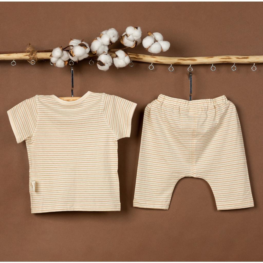 Bộ quần áo cộc khoét cổ kẻ ba màu sợi bông hữu cơ cho bé - Organic and Natural Life by Mimi