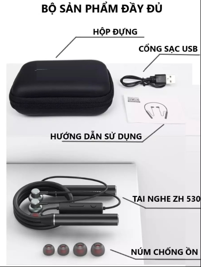 Tai Nghe Bluetooth 5.0 ZH 530. Pin 1000mAh. Nghe Nhạc 100h Âm Thanh 9D Hifi - Stereo . Hỗ Trợ Khe Cắm Thẻ Nhớ Lên Đến 32g . Tai Nghe Thể Thao Không Dây.