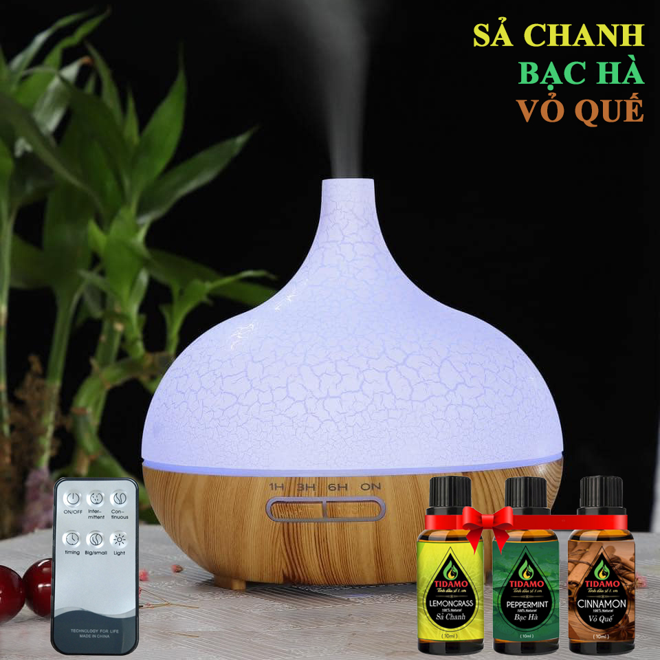 Combo Máy Xông Tinh Dầu Cách Điệu Có Điều Khiển Từ Xa + Tinh Dầu Nguyên Chất TIDAMO - Máy Khuếch Tán Tinh Dầu Giúp Thơm Phòng Thư Giãn, Đuổi Muỗi và Bảo Vệ Sức Khỏe