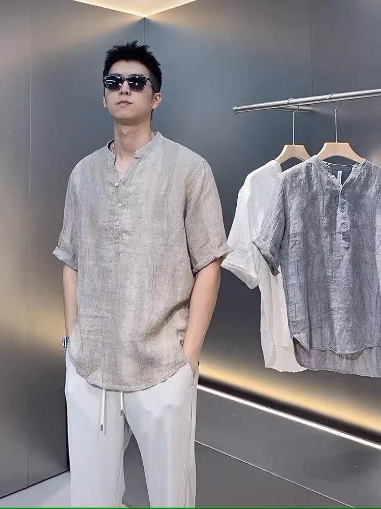 Áo sơ mi đũi trơn ngắn tay nam phối cúc đơn giản tinh tế, thanh lịch