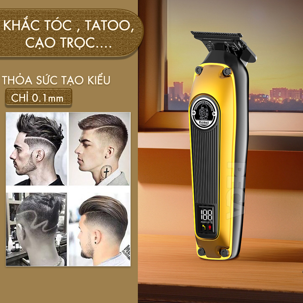 Tông đơ chấn viền chuyên nghiệp Kemei KM-1855 lưỡi mạ carbon DLC cao cấp, động cơ không chổi than, công suất mạnh 8W không nóng hoạt động hiệu quả - Hàng chính hãng