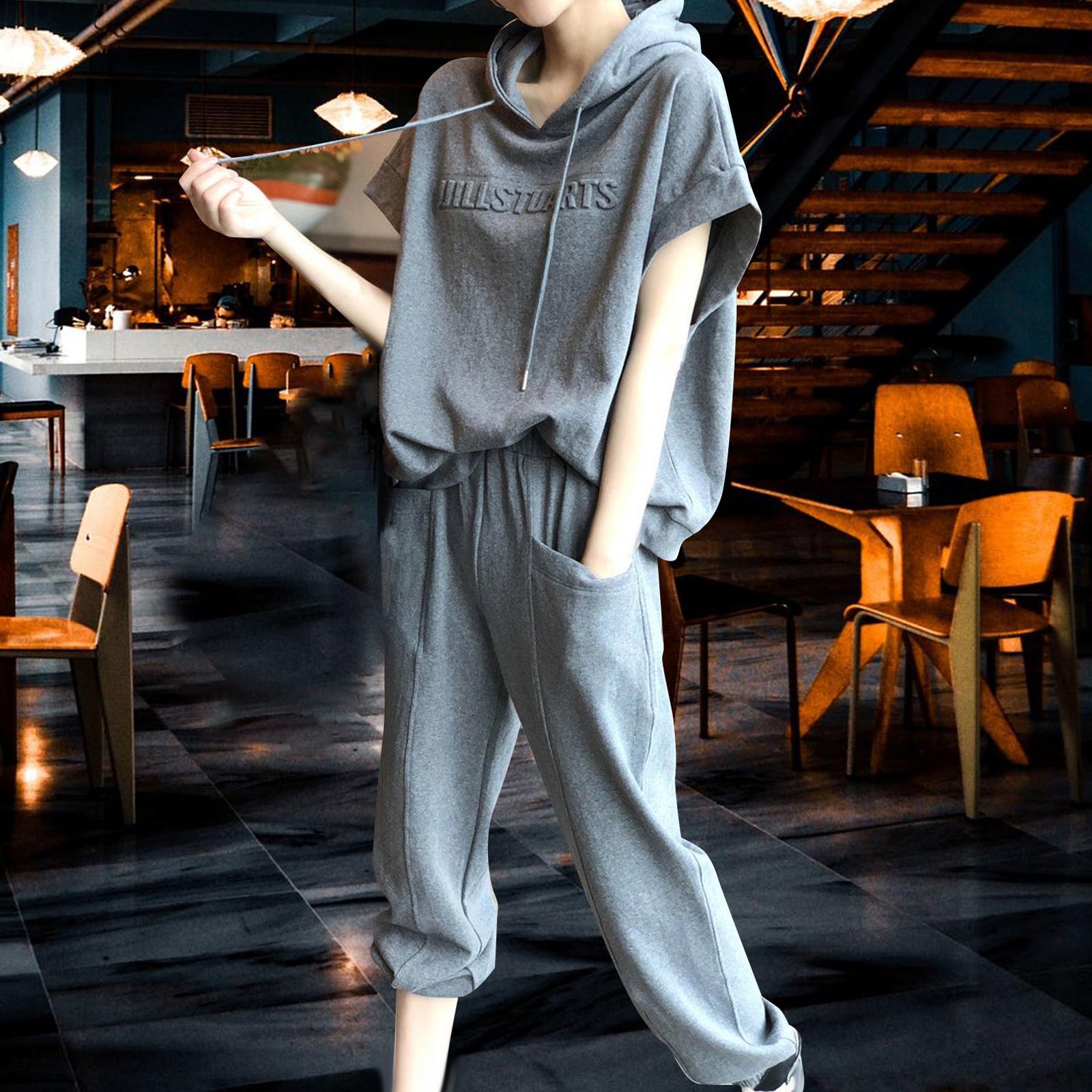 Women Tracksuit Set 2 Piece Short Sleeve Sweatshirt and Long Pants Loungwear