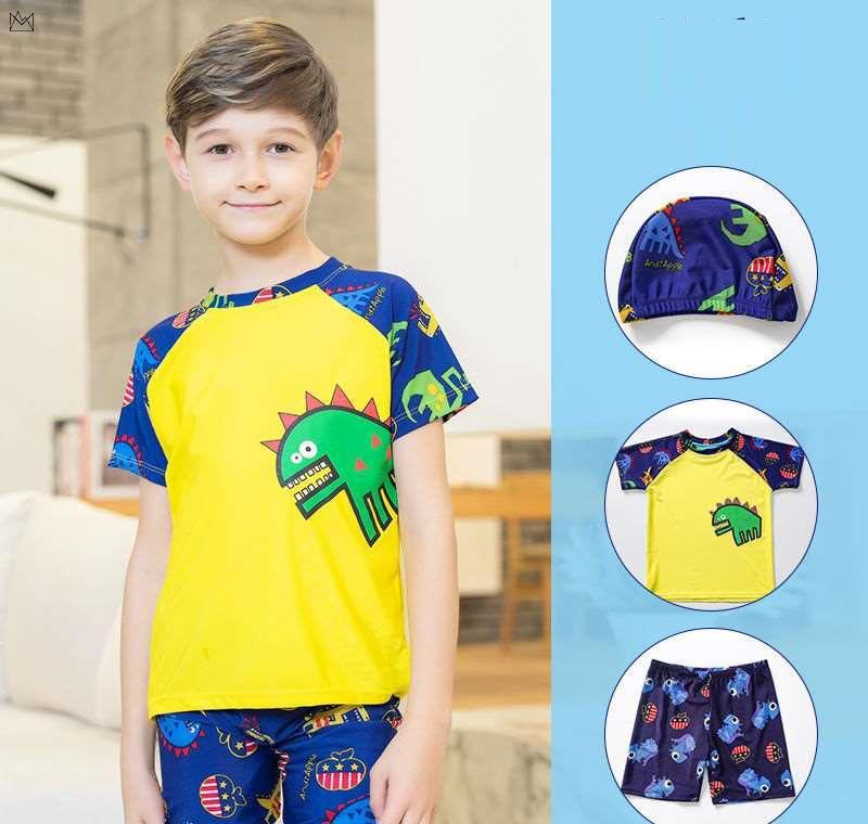 Quần áo bơi bé trai 10-35kg họa tiết khủng long vàng