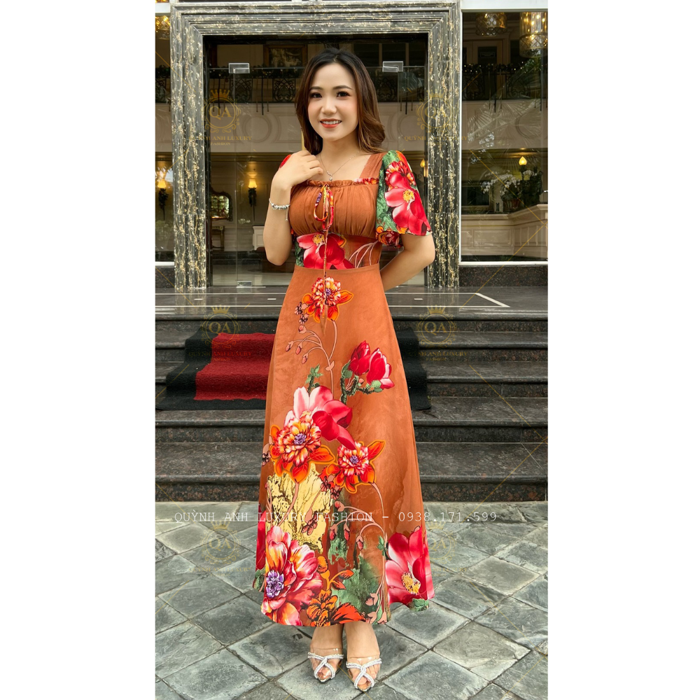 Đầm Xoè Hoa 3D Nâu Cổ Vuông Dập Ly Tay Loe Voan Cao Cấp Sandra Dress