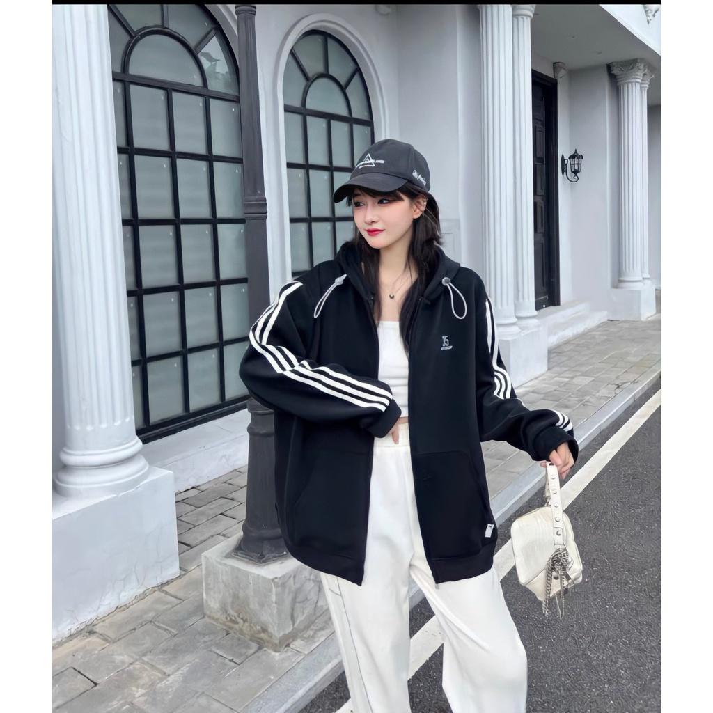 Áo Khoác Nỉ Nam Nữ Unisex Mũ Dây Rút Chạy Sọc
