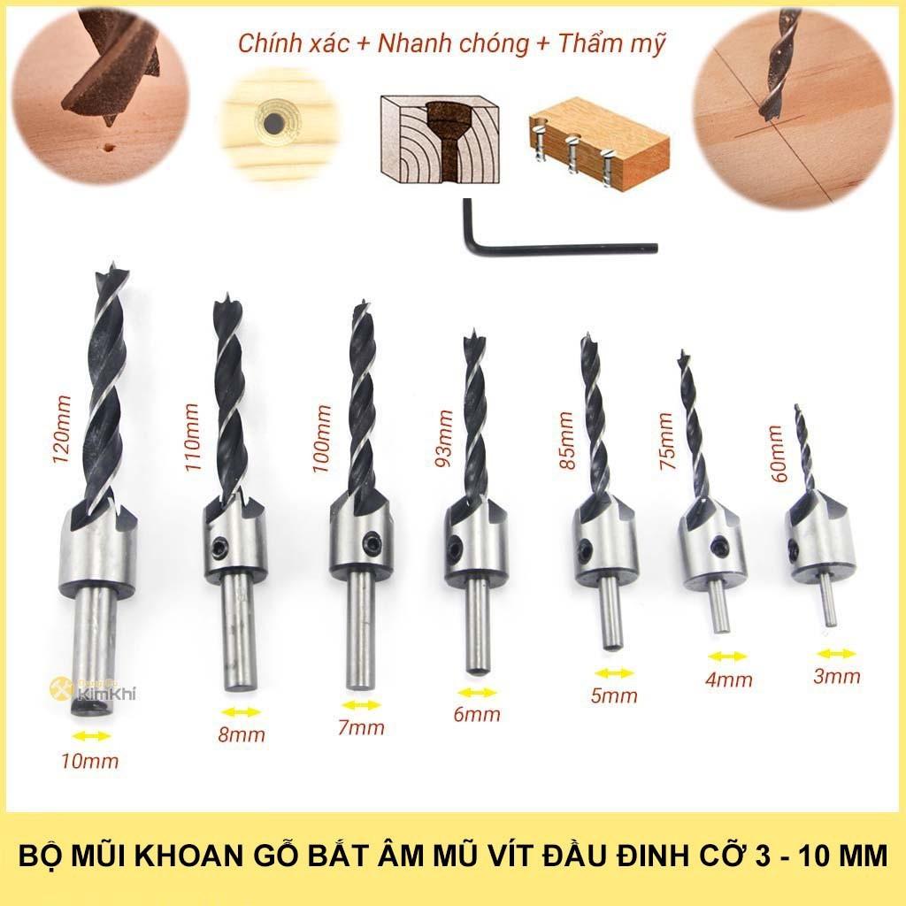 Bộ 7 mũi khoan gỗ bắt âm mũ vít đầu đinh cỡ 3 - 10mm