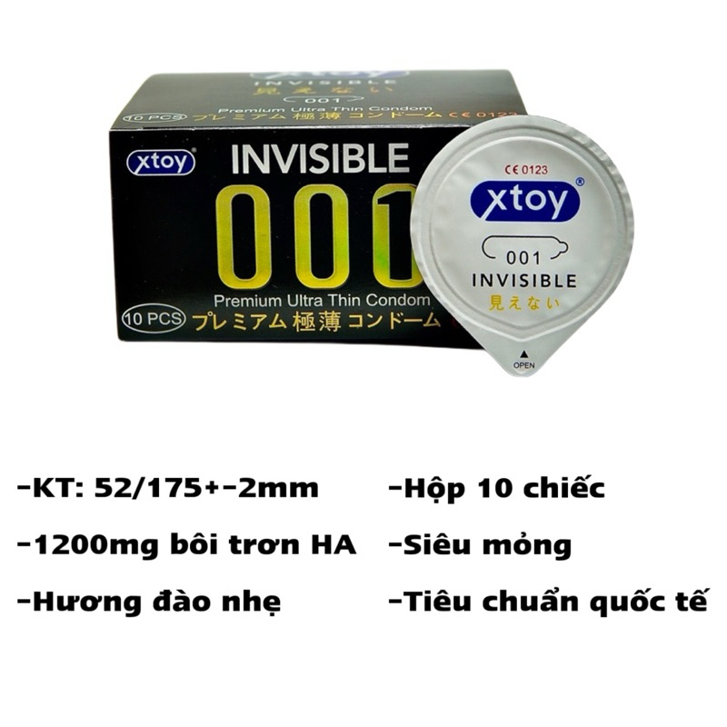Bao cao su XTOY INVISIBLE 001 siêu mỏng, nhiều gel bôi trơn, kéo dài quan hệ, hương thơm - Hộp 10 chiếc