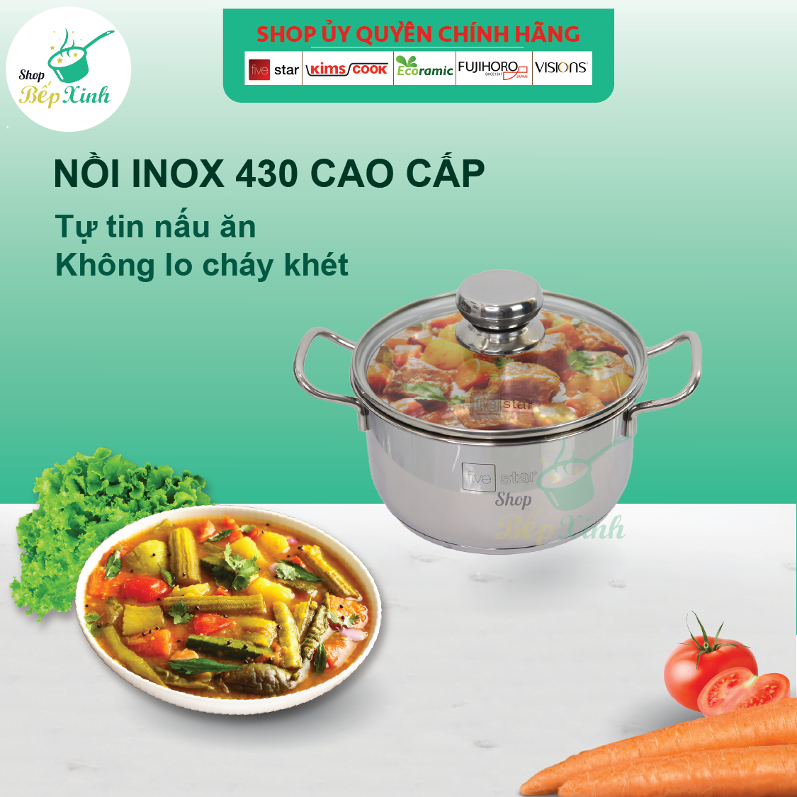 Bộ nồi chảo Fivestar 4 món nắp kính tặng 2 vá canh