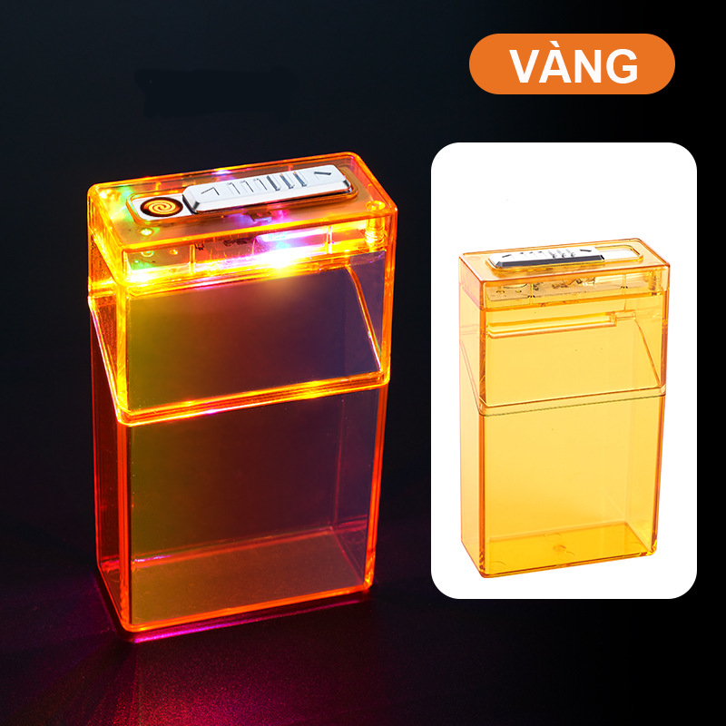 Bật Lửa Điện Kiêm Hộp Đựng Thuốc 20 Điếu Trong Suốt Nhiều Màu Có Đèn - Sạc Điện