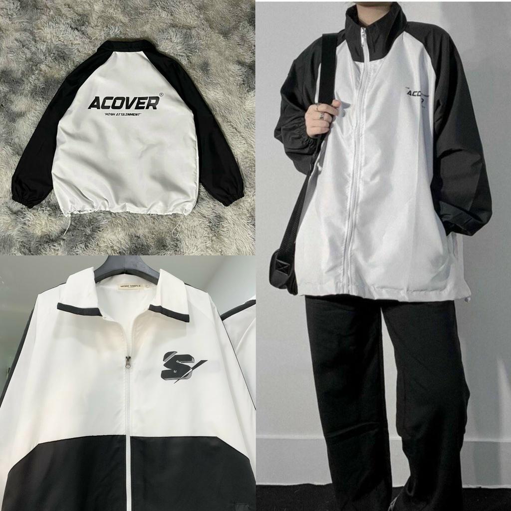 Áo khoác dù Nam nữ acover chữ S 2 lớp dày dặn full zip PHỐI TRẮNG ĐEN
