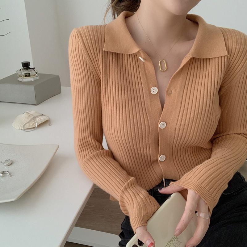 Xiaozhainv Áo Cardigan Dệt Kim Tay Dài Cổ Bẻ Phong Cách Hàn Quốc