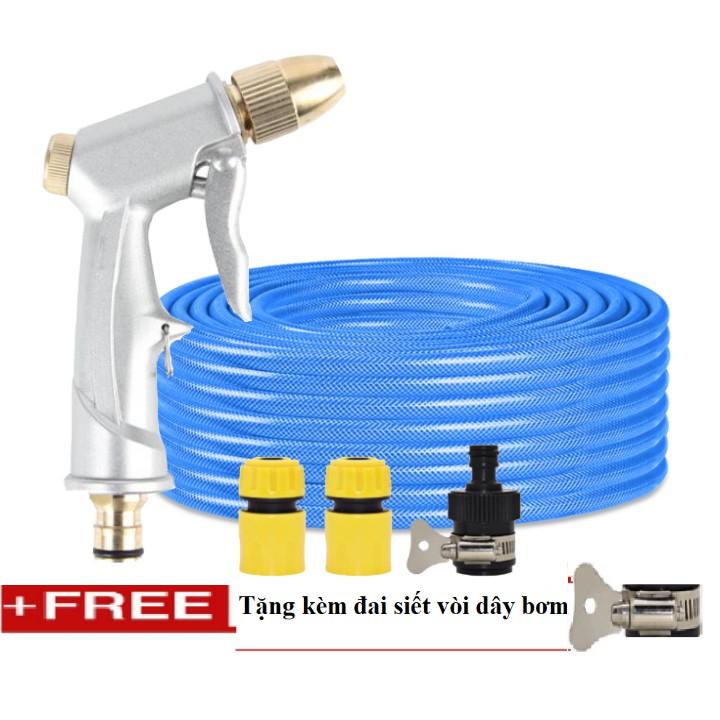Bộ dây vòi xịt nước rửa xe, tưới cây . tăng áp 3 lần, loại 20m 206701 đầu đồng,cút,nối đen+ tặng đai