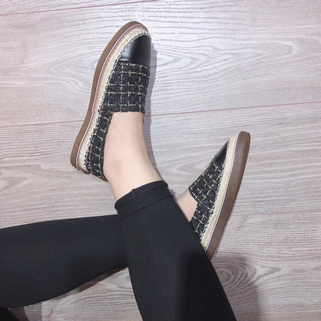 Giày slip on kẻ ô vuông chất xù đế viền cói mép nâu - 2P