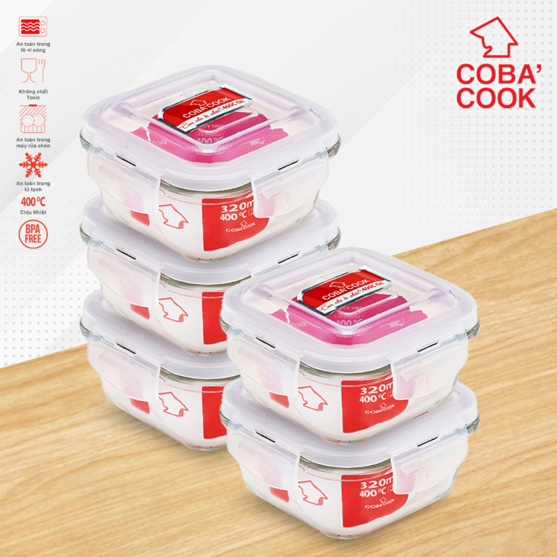Bộ 5 hộp thủy tinh hộp đựng cơm trữ thức ăn thực phẩm trong tủ lạnh chịu nhiệt COBA'COOK hình vuông 320ml- CCS35