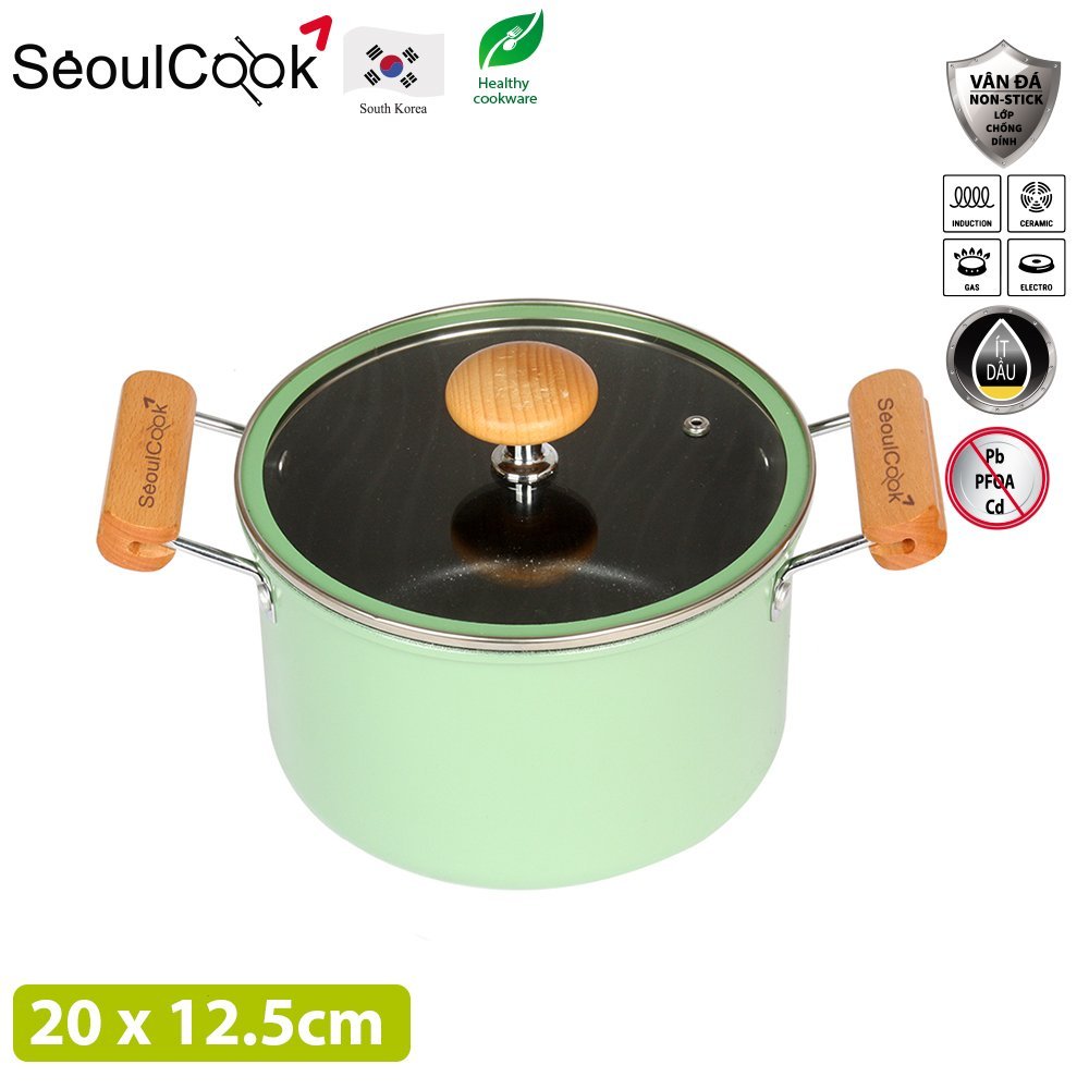 Seoulcook Luxury – Nồi 20cm đáy từ / Induction cao cấp Hàn Quốc, chống dính vân đá an toàn cho sức khỏe, dùng được tất cả các loại bếp