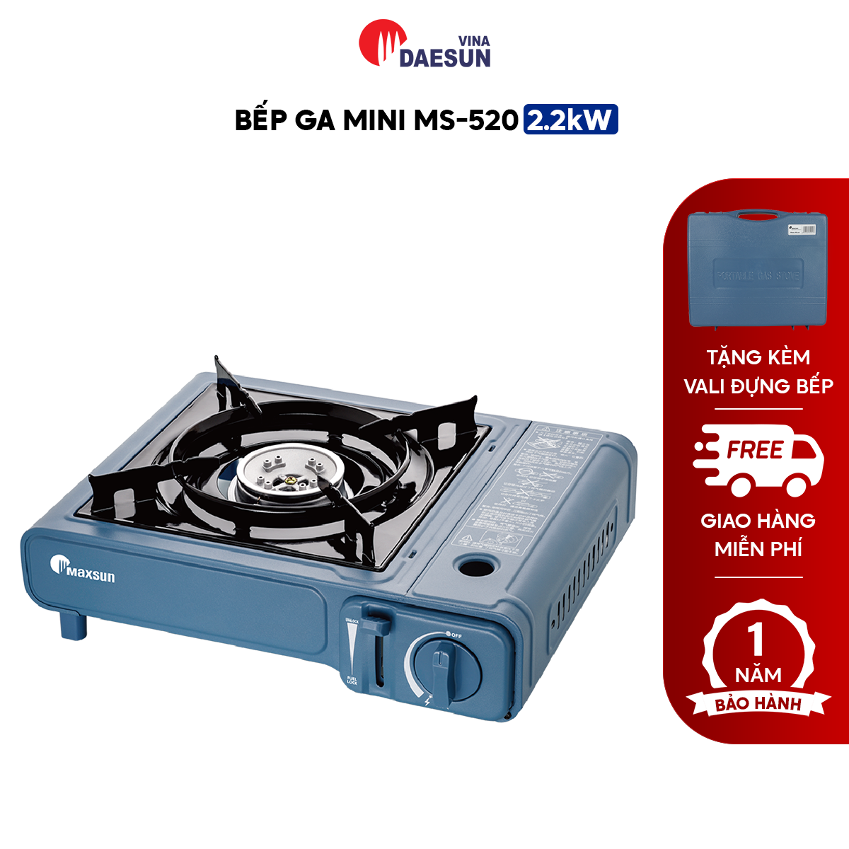 Bếp Ga Mini Maxsun MS-520 - Kèm Vali Đựng Bếp | Công Suất 2200W | Phủ Sứ Cao Cấp | Bảo Hiểm Chống Nổ | Hàng Chính Hãng