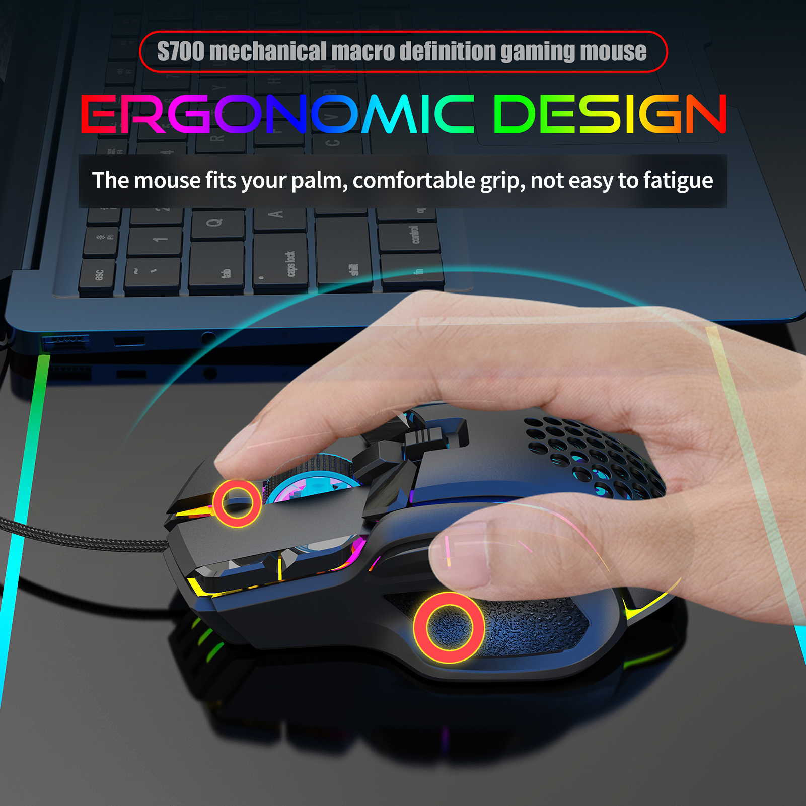 HXSJ S700 10 Keys Wired Gaming Mouse Macro Programming Ergonomic Mice with 6 Adjustable DPI RGB Light Effect