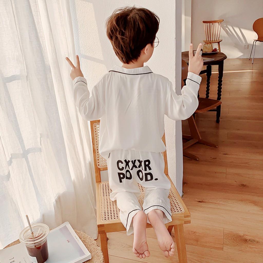 Pijama lụa dài tay in chữ cho bé từ 6-28Kg SUMO KIDS, Bộ đồ ngủ dài tay cho bé trai và bé gái mặc đều xinh