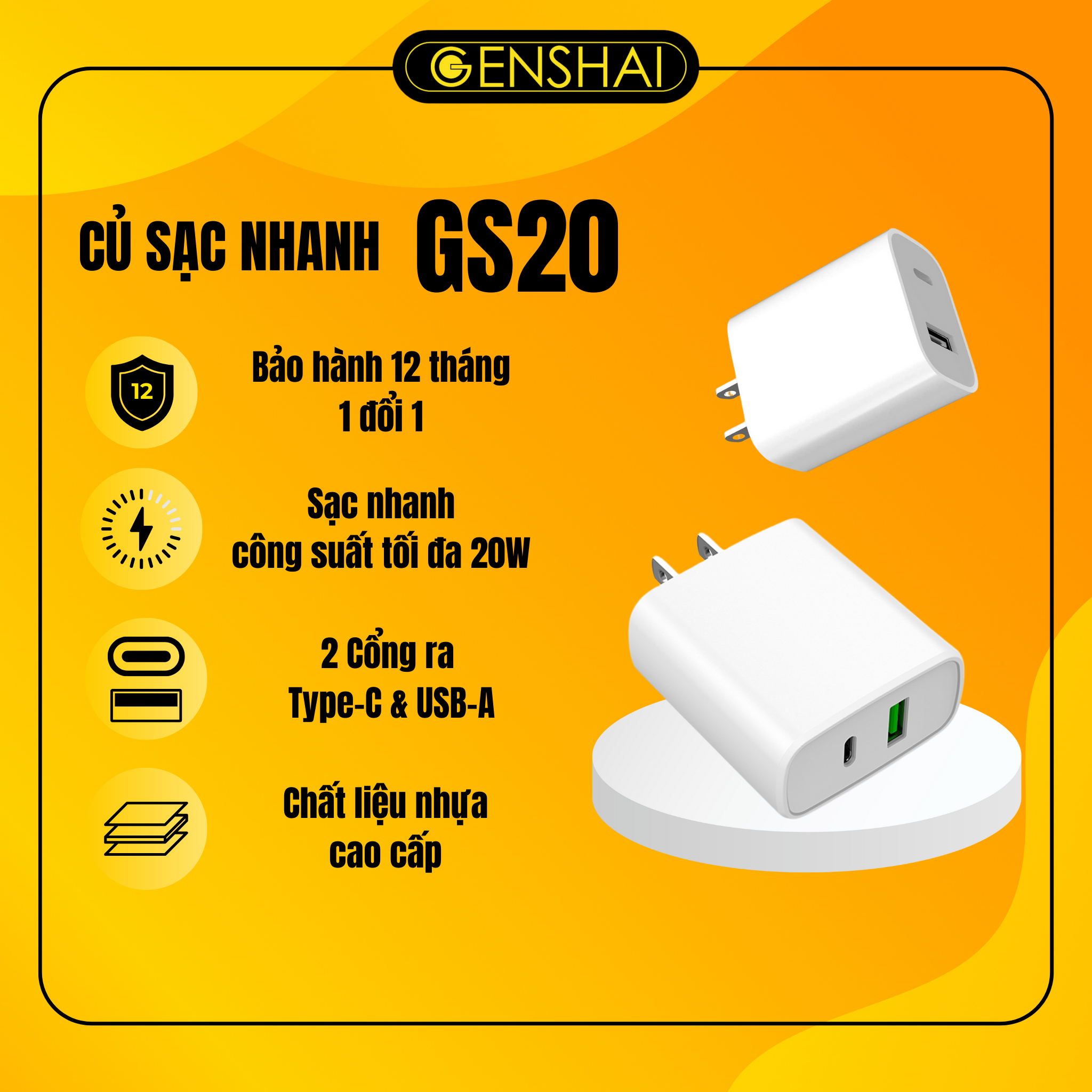 Củ sạc nhanh 2 cổng Genshai hàng chính hãng GS20 20w dành cho điện thoại di động và máy tính bảng | Bảo hành 12 tháng 1 đổi 1 | Made in Việt Nam