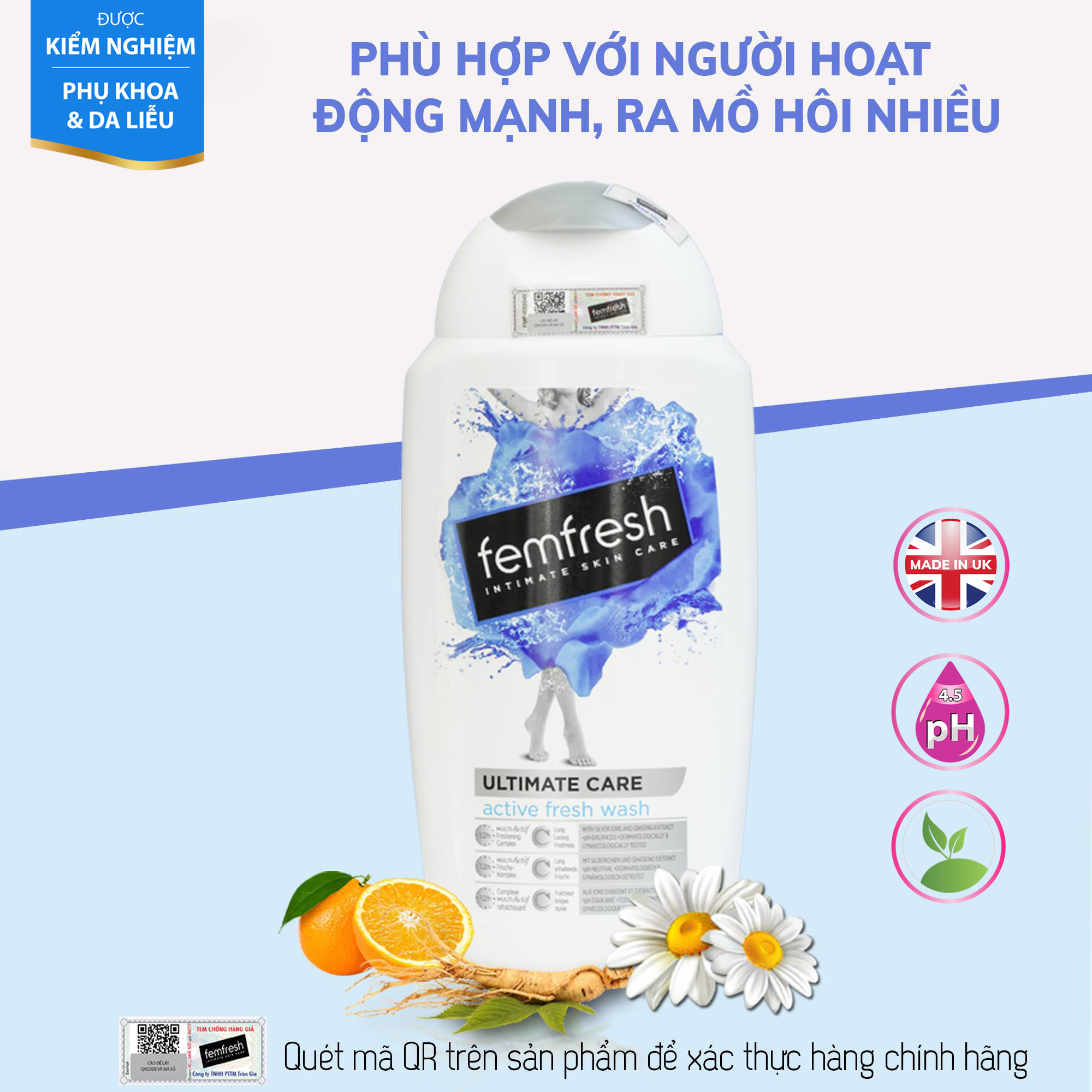 Dung Dịch Vệ Sinh Dành Cho Nam Và Nữ Thường Xuyên Vận Động Femfresh Active Fresh Wash 250ml ( Anh Quốc), làm sạch sâu, thơm mát tạo cảm giác dễ chịu