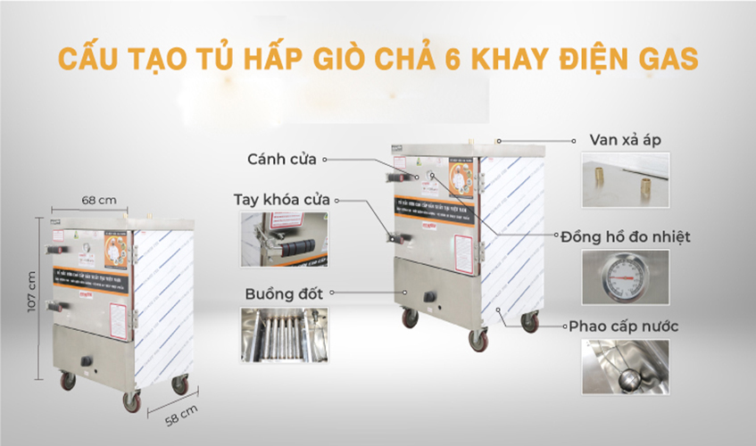 Tủ Hấp Giò Chả, Thực Phẩm 36 Kg Bằng Điện Gas 6 Khay Inox 304 NEWSUN, Năng Suất Cao - Hàng Chính Hãng