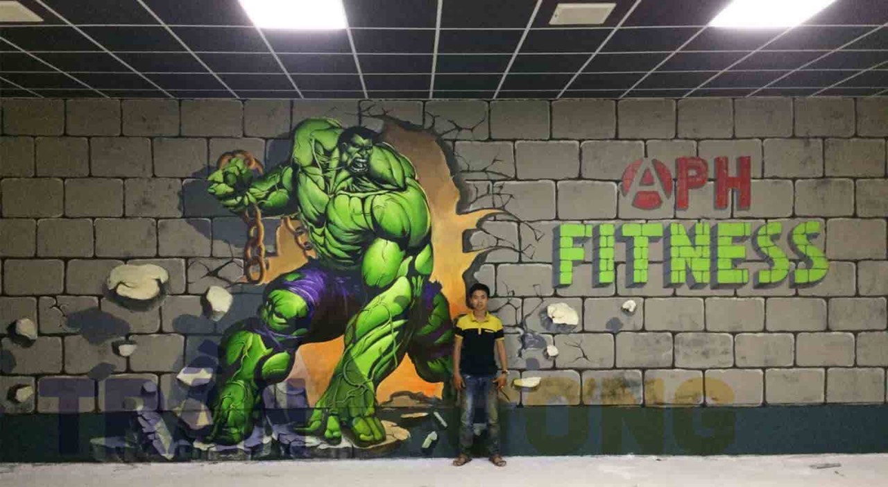 Tranh dán tường 3d phòng gym người khổng lồ GY26