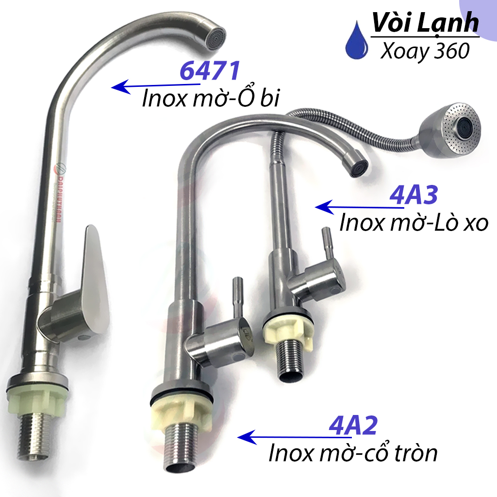 Vòi Bếp Vòi Rửa Chén Bát Nước Lạnh Xoay 360 - Chất liệu Inox mờ dùng cho ống phi 21