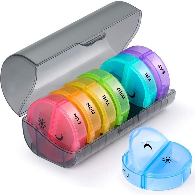 Hộp thuốc sáng 7 ngày, hộp thuốc xung quanh 7 ngày, 2 ngăn, hộp đựng thuốc chống ẩm tiện dụng, hộp đựng thuốc
