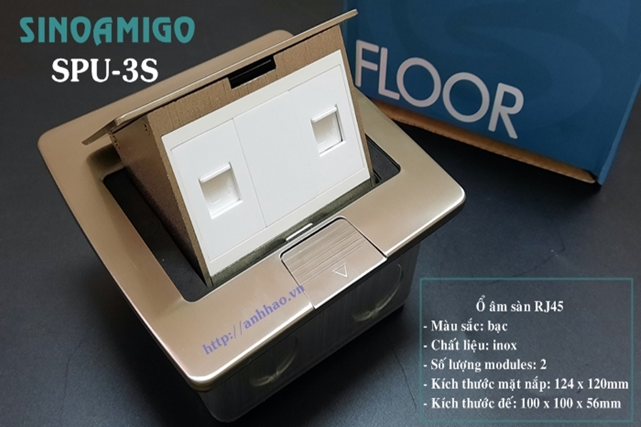 Ổ cắm điện âm sàn Sinoamigo SPU-3S, chất liệu inox chống oxy hóa. Module tùy chỉnh theo yêu cầu: Điện, lan, tel, HDMI, USB.. Hàng nhập khẩu chính hãng